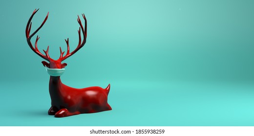 Safe christmas banner. Red reindeer with surgical mask. 3d illustration. - Powered by Shutterstock