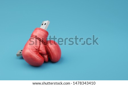 Safe data storage concept on blue background. Boxing gloves data protect minimal idea. Flash drive isolated symbol for security data storage. Copy space 3D illustration.