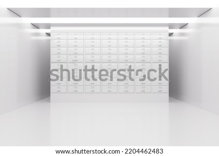 Safe Deposit Boxes Inside White Bank Vault Room extreme closeup. 3d Rendering