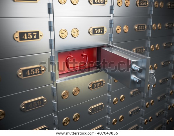 Safe deposit boxes with open one safe cell.\
3d illustration