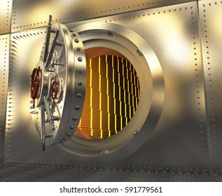 Safe With The Door Open. Gold In The Vault. 3D Illustration