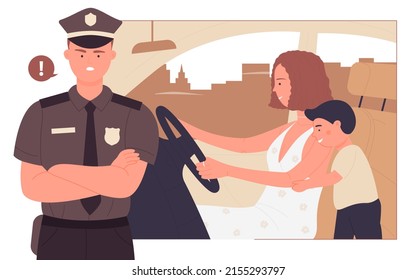 Safe driving transportation with children illustration. Cartoon young woman driver and child son characters drive car vehicle transport fast, policeman warning about driving safety background - Powered by Shutterstock