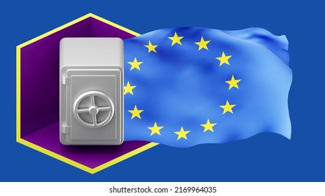 Safe And European Union Flag. Financial Sector EU Concept. Safe Symbolizes Central Bank Of Europe. Economic Cooperation With European Union. EU Central Bank Holdings. 3d Rendering.