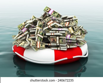 Safe Money Concept ,Large Pile Of Money Floating On A Life Preserver. 