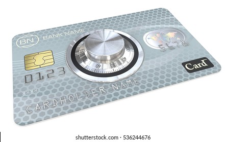 Safe Payments. 3D render of Blue Credit Card with a Safe Dial Lock. Generic names and numbers, non branded.