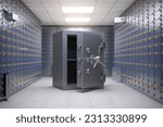 Safe vault in a safe deposit box room of a bank. Safety and security of savings concept. 3d illustration