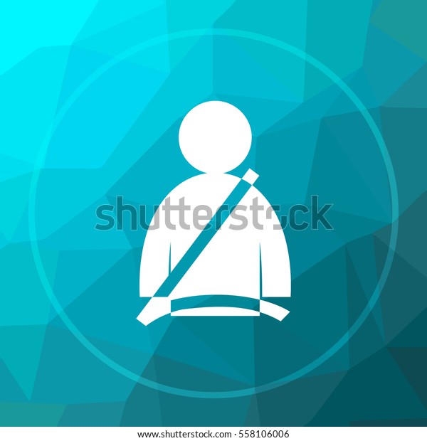 Safety belt icon. Safety belt website\
button on blue low poly\
background.\

