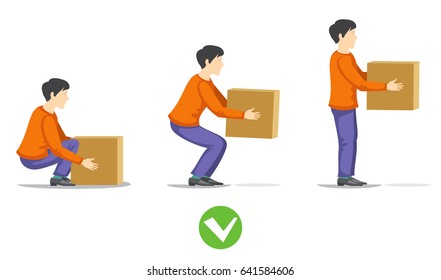 Safety Correct Lifting Of Heavy Box Illustration. Instruction Correct Lifting Load, Right Work Lifting Item