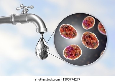 Safety Of Drinking Water Concept, 3D Illustration Showing Cysts Of Giardia Intestinalis Protozoan, The Causative Agent Of Giardiasis And Diarrhea, Contaminating Drinking Water