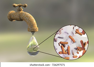 Safety of drinking water concept, 3D illustration showing old tap with dirty water and close-up view of water-borne microbes