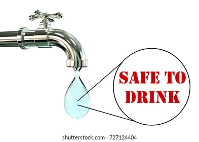 Safety Of Drinking Water Concept, 3D Illustration Showing Tap With Clear Water And View Under Microscope With Words Safe To Drink