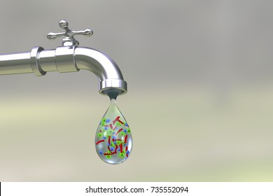 Safety of drinking water concept, 3D illustration showing tap with drop of water containing bacteria and viruses