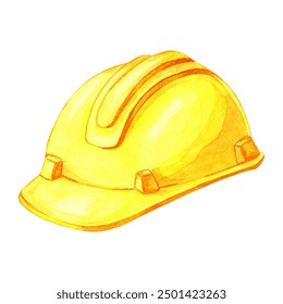 Safety helmet in bright yellow color. Watercolor clipart of the protective headwear. Ideal for use in safety posters, construction company logos, or educational materials on workplace safety - Powered by Shutterstock