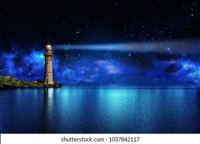 Safety And Hope Concept, A Lighthouse On A Tropical Island On The Ocean With A Beam Of Light In The Night Sky With Stars, 3d Illustration