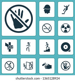 Safety Icons Set With Chocked Wheel, Downfall, Corrosive Chemical And Other Fall Hazard Elements. Isolated  Illustration Safety Icons.