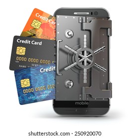 Safety Of Mobile Banking Concept. Secure Online Payment. Smartphone As Vault And Credit Cards. 3d