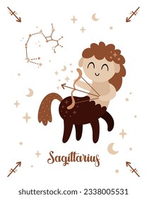 Sagittarius. Zodiac poster with zodiac sign, symbol, horoscope character and constellation. Sagittarius print perfect for  nursery poster, baby card. Astrological Sagittarius. Raster illustration