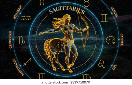 Sagittarius. Zodiac sign. Illustration of the Sagittarius symbol of the horoscope over a cosmos of constellations