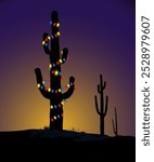 A saguaro cactus in the desert is decorated like a Christmas tree in a 3-d illustration about celebrating the Xmas holiday in the western USA. The scene is set at dusk.