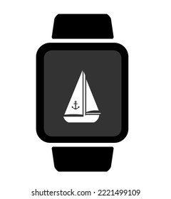 Sail Boat On A Smartwatch Screen, Black Icon Flat Style