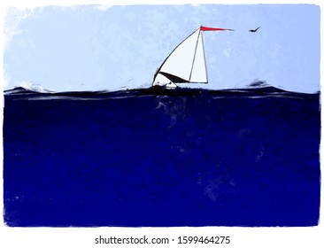 Sail Boat With Red Flag At Dark Blue Sea In High Winds