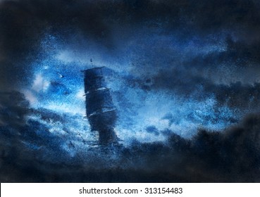 Sailboat In Distress In Night Storm