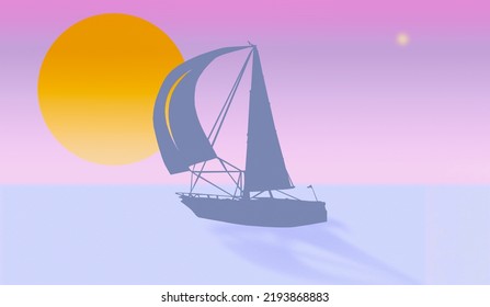 A Sailboat On The Ocean At The Sunset. Ilustration, Colorful Wallpaper, Vintage Romantic Voyage Concept