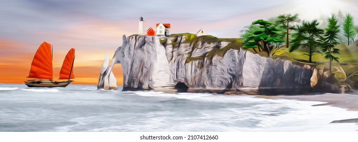 Sailboat on a rocky shore with a lighthouse. 3D illustration. Imitation of oil painting.