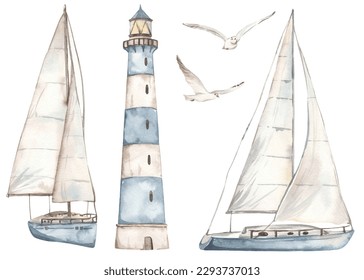 Sailboat, ship, yacht, seagulls, lighthouse, nautical set, for postcards, invitations Watercolor