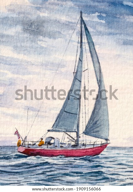 Sailboat with white sail. Sailing or Yachting sport.\
Private boat. Beautiful ocean seascape. Watercolor painting.\
Acrylic drawing\
art.