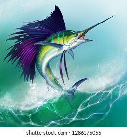 Sailfish fish on white. Striped big marlin. Sports fishing in the open sea. against the backdrop of the waves