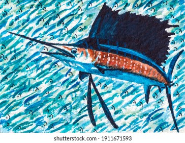 Sailfish. Ocean Fishing. The Biggest And Fast Fish In The World. Watercolor Painting. Acrylic Drawing Art.