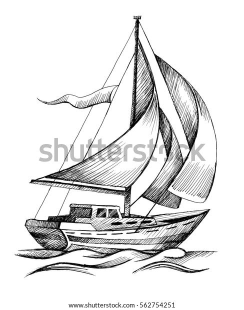 帆船 手描きのスケッチと波 水面に浮かぶシーヨット イラストで描いたゲルペン のイラスト素材