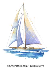 Sailing Boat, Hand Painted Watercolor Illustration 