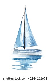 Sailing Boat On The Surface Of The Water. Watercolor Illustration. Yacht