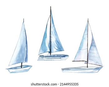 Sailing Boat On The Surface Of The Water. Set Of Watercolor Illustrations. Yacht