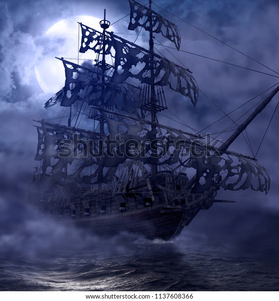 Sailing pirate ghost ship,
Flying Dutchman, on the high seas in a moonlit night, 3d render
painting