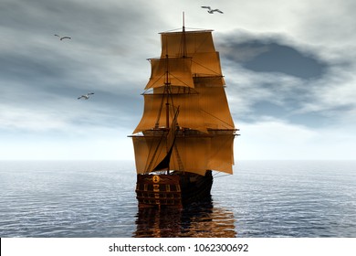 Sailing ship with full sails on the open sea, 3d rendering
