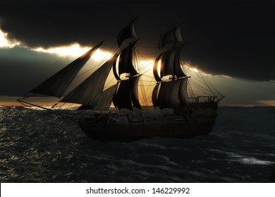 Sailing Ship With A God Ray Evening Sunset Silhouette