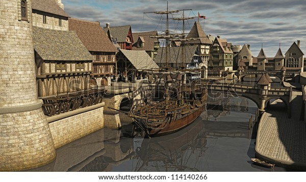 中世または幻想的な水辺の町のドックに停泊する帆船 3dデジタルレンダリングイラスト のイラスト素材