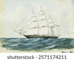 Sailing ship on ocean waves, classic sailing ship with tall masts, elegant sailing ship navigating the sea under a cloudy sky. Vintage landscape drawing illustration painting.