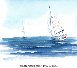 Sailing Ship In The Sea. Hand Painted Blue Watercolor Illustration For Banner