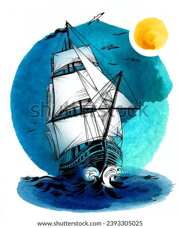 Sailing ship in the sea. Hand-drawn ink and watercolor sketch