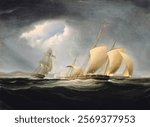 Sailing ships on stormy seas, with dramatic skies. Ships navigate turbulent waters, sails full. Ships and seas create a powerful maritime scene. Vintage drawing illustration painting art.