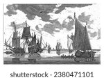 Sailing ships and sloops on calm seas, anonymous, 1600 - 1700 On the left a warship with a small sailing ship and a sloop alongside.