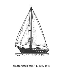 sailing yacht boat sketch engraving raster illustration. T-shirt apparel print design. Scratch board imitation. Black and white hand drawn image.