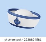 Sailor hat with blue anchor emblem isolated. Sea and beach minimal cartoon icon. Summer vacations and sea lifestyle theme. 3D render illustration.