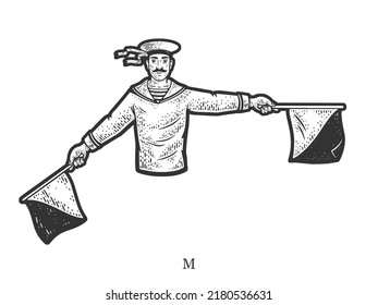 Sailor Mariner Show Flag Semaphore Alphabet Letter M Sketch Engraving Raster Illustration. T-shirt Apparel Print Design. Scratch Board Imitation. Black And White Hand Drawn Image.