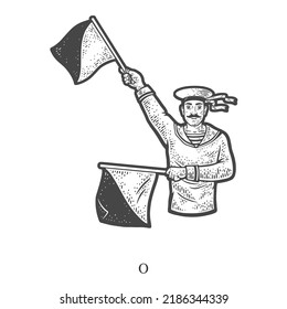 Sailor Mariner Show Flag Semaphore Alphabet Letter O Sketch Engraving Raster Illustration. T-shirt Apparel Print Design. Scratch Board Imitation. Black And White Hand Drawn Image.