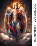 saint archangel Michael walking on clouds